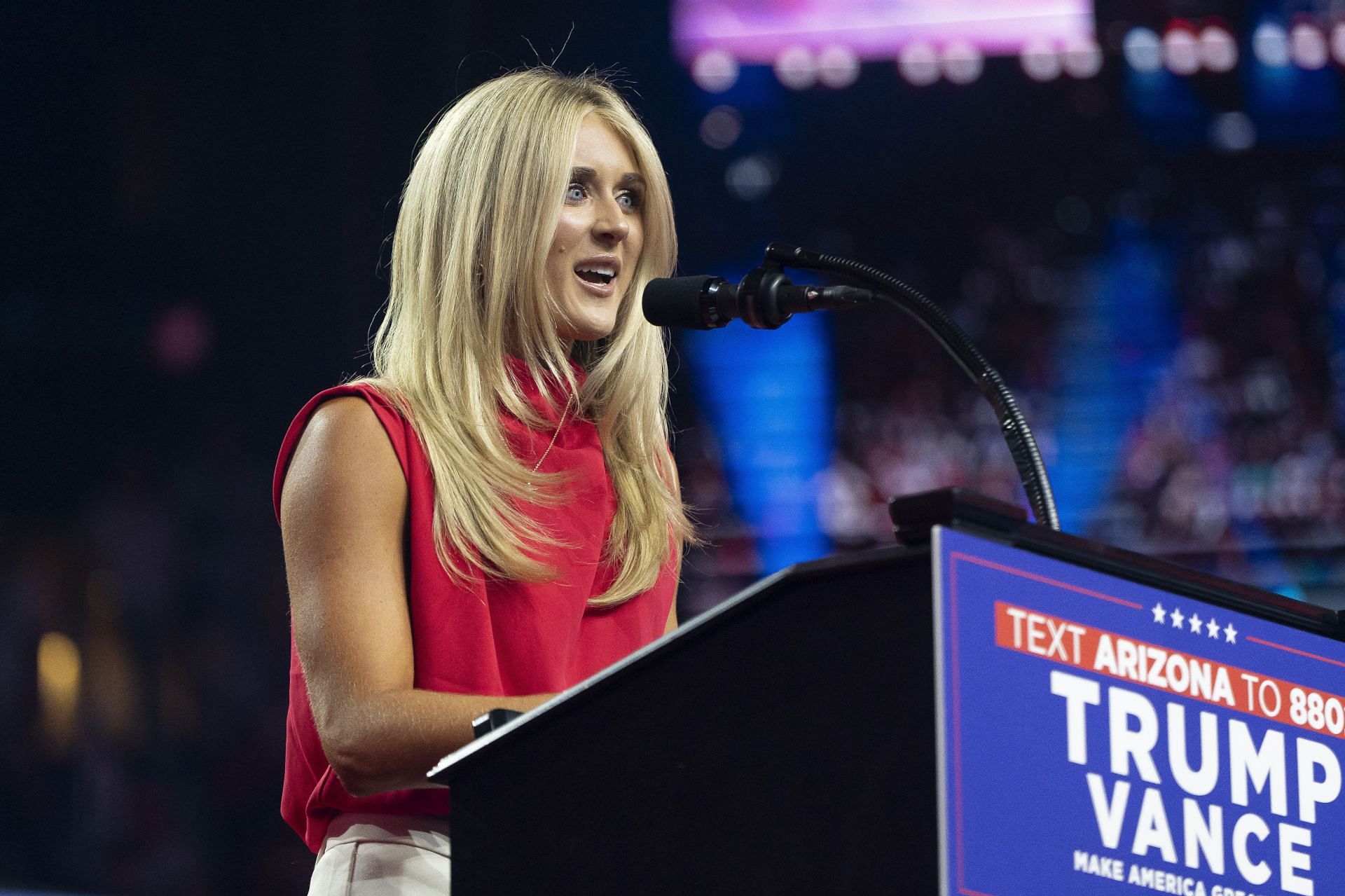 Riley Gaines during a campaign rally for the Republican presidential nominee in Glendale, Arizona. (Photo by Getty Images)